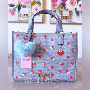 JUICY COUTURE Bag Berry Sweet Large Tote - Blue with Strawberry Print